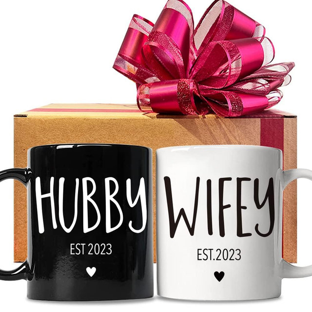 EST 2023 Hubby & Wifey Coffee Mug Set, Anniversary Present for Him Her Mother Father Grandpa Grandma, Unique Coffee Mug Couples Sets Gift for Engagement Wedding Newly-Married Anniversary