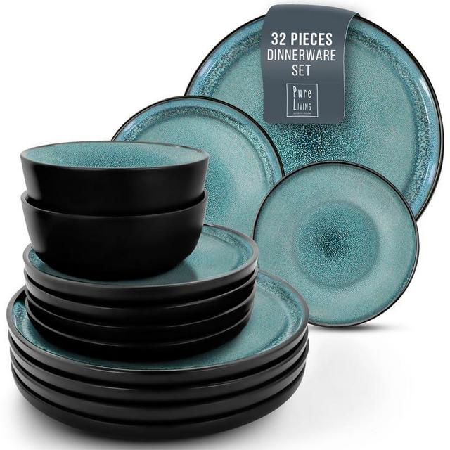 32 Piece Dinnerware Sets for 8 -Modern Style Stoneware Dinnerware Set -Scratch Resistant, Dishwasher, Microwave Safe Plates and Bowls Sets Ceramic,Dish Set, Bowl and Plate Set -dark petrol blue