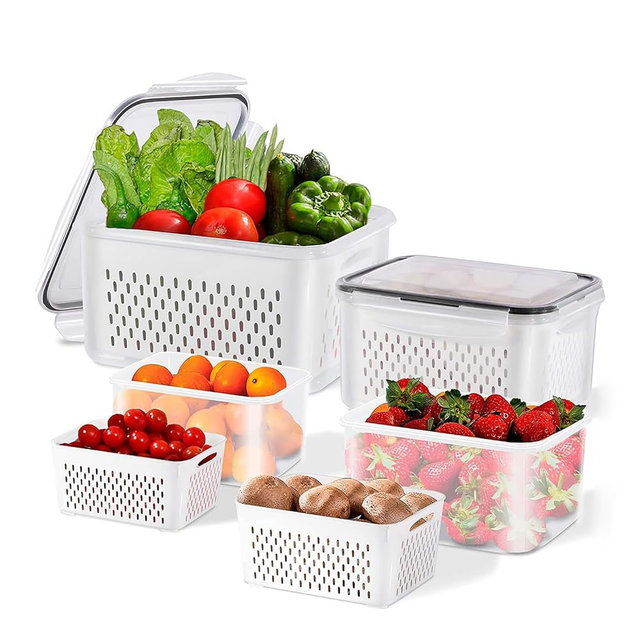 Asnews 3pcs 4 in 1 Fruit Containers for Fridge with Removable Colanders and Lids, Airtight Storage Container to Keep Fruits, Vegetables, Berry, Meat Fresh Longer, Dishwasher & Microwave Safe