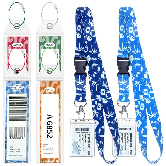 DCL Cruise Luggage Tag Holders and Lanyards, Zip Seal Clear Holder with Cruise Lanyard Fits for Dream, Fantasy, Magic, Wonder, Wish & Treasure (2 Lanyards + 4 Luggage Tag Holders)