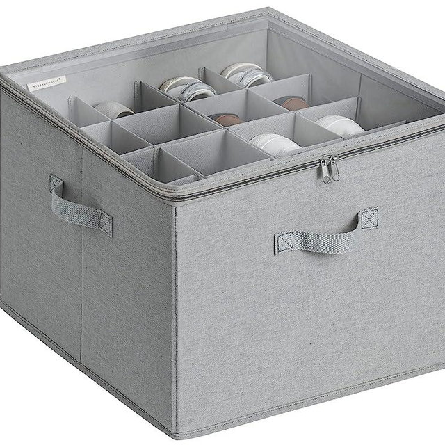 StorageWorks Shoe Organizer for Closet, Fabric Shoe Storage Bins with Clear Cover, Adjustable Dividers for Shoe Storage, Grey, 1-Pack, Fits 16 Pairs