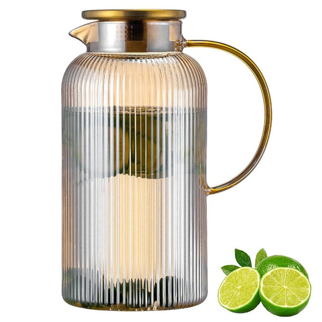 Buaic Glass Pitcher with Lid, 84oz/2.5 Liter Amber Classic Vertical Stripes Water Pitcher,Glass Water Carafe for Cold Brew, Coffee, Lemonade, Iced Sun Tea,Beverage, Milk, Heat Resistant