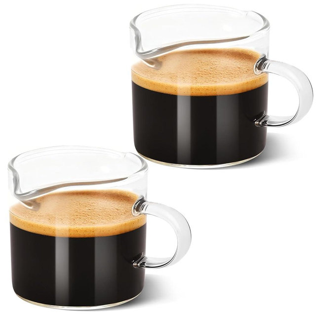 Adorever Espresso Cups Set of 2, 4oz Double Spout Shot Glasses with Handle - Clear Glass Milk Cup for Espresso, Latte Art & Cappuccino - Barista Tools & Home Coffee Machine