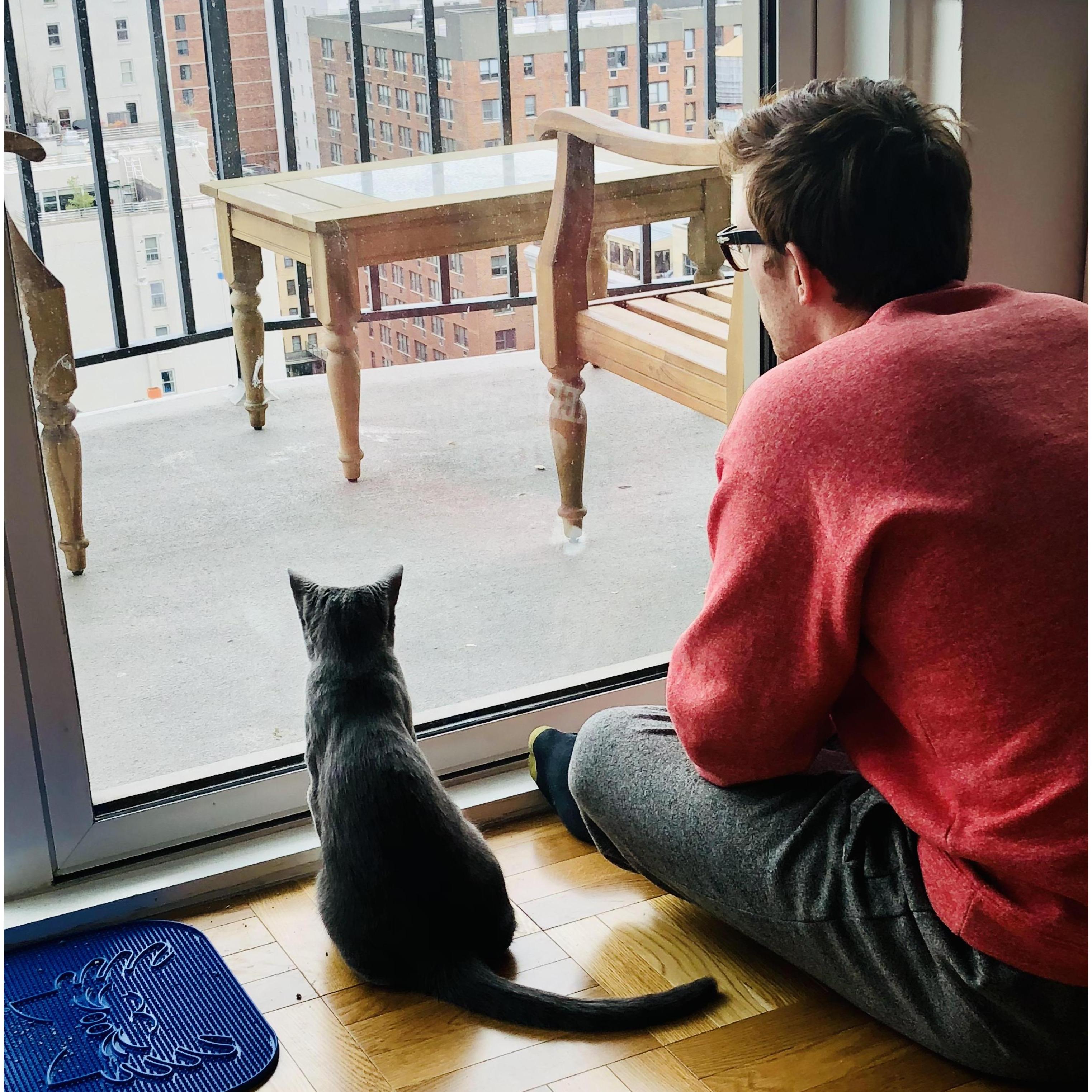 Basil and Brice watching sea planes fly over the East River from our apartment in the Gracie Mews on the Upper East Side of Manhattan!
