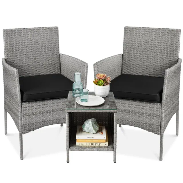 Best Choice Products 3-Piece Outdoor Wicker Conversation Patio Bistro Set, w/ 2 Chairs, Table -Gray/Black