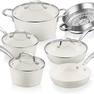 Hammered Cream Gotham Steel Hammered 15 Pc Ceramic Cookware Set Nonstick, Deep Pots and Pans Set Non Stick with Induction Cookware, Cooking Utensils & Steamer, Non Toxic PFOA PFOS Free, Oven & Dishwasher Safe