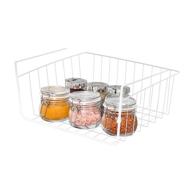 Smart Design Undershelf Storage Basket - Small - Snug Fit Arms - Steel Metal Wire - Rust Resistant Finish - Cabinet, Pantry, Shelf Organization - Kitchen (12 x 5.5 Inch) [White]