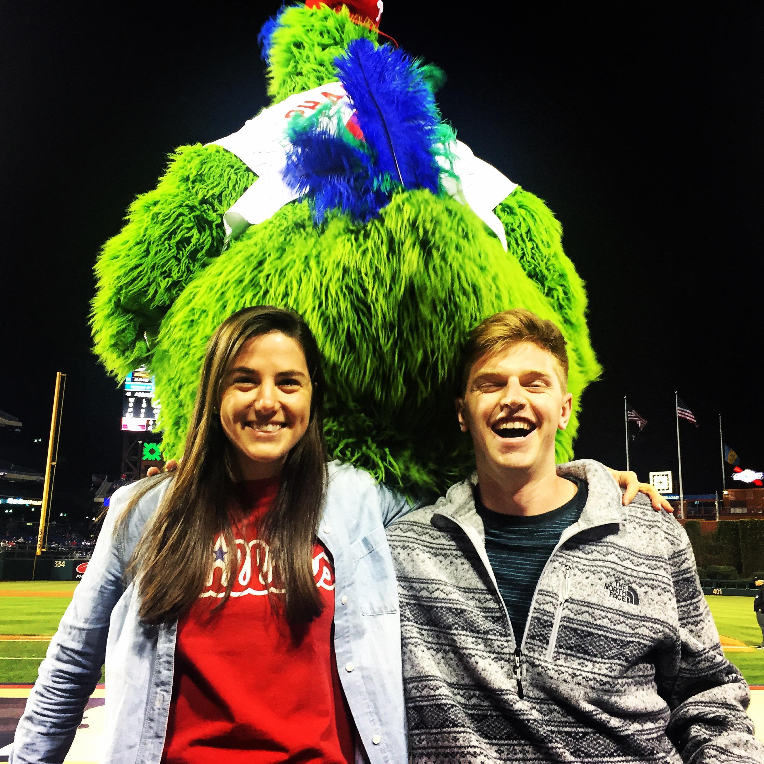 Justin and Maggie's first baseball game together, joined by the Philly Phanatic