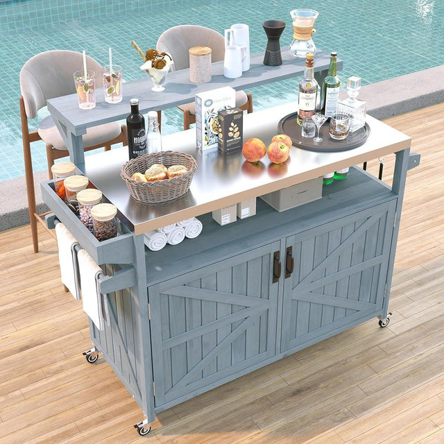 Outdoor Kitchen Island with Stainless Steel Top, 53.3" Rolling Grill Cart with Adjustable Shelves, Raised Shelf, Lockable Wheels, Portable Outdoor Table and Bar Storage Cabinet for Patio