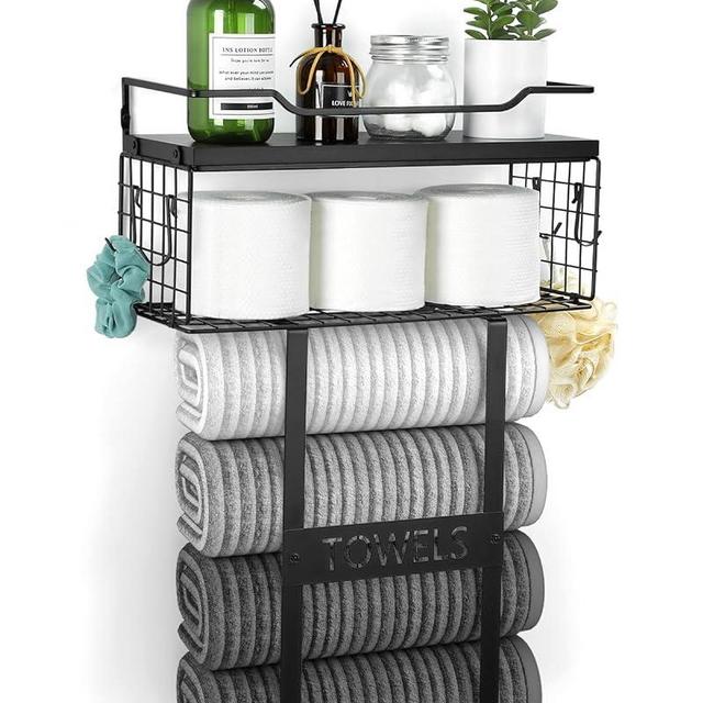 Towel Racks for Bathroom Wall Mounted - Bath Wall Towel Storage Holder Set Above Toilet, Rolled Towel Shelf Organizer for Small Bathroom Black, Wood Vertical Towel Rack for Bathroom Wall Decor