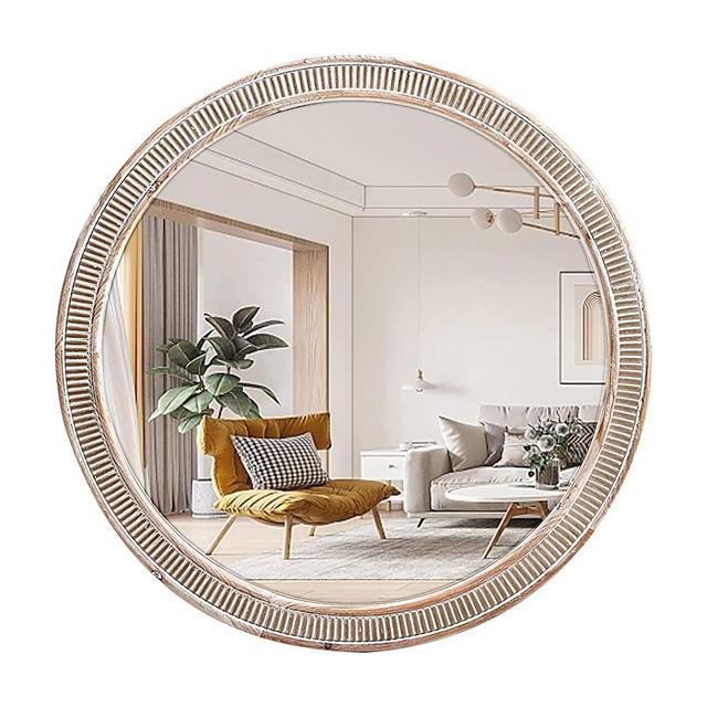 HOITUZYUS 30 inch Farmhouse Round Mirror Wooden Mirrors, Distressed Decorative Wall Mirrors for Bedroom, Living Room, Foyer, Fireplace, Rustic Circle Mirror Bathroom Hanging Mirrors