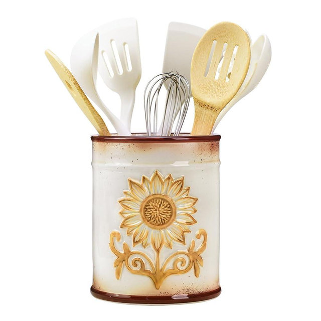 SOCOSY Ceramic Retro Sunflower Embossed Kitchen Utensil Holder, Large Cooking Utensil Crocks for Kitchen Countertop, Utensil Organizer