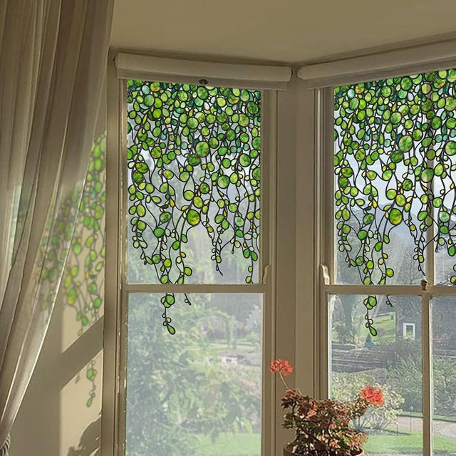ChicSkin Original Hand Drawn Faux Stained Glass Window Hanging Clings，Double Sided See Through Green Window Film Floral for Living Room,Glass Front Door,Green Pearl Vine 22.83"X51.18"