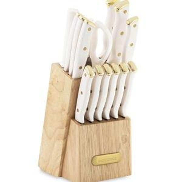 Farberware 15-Piece Triple Riveted Knife Block Set, High Carbon-Stainless Steel Kitchen Knives, Razor-Sharp Knife Set with Wood Block, White and Gold