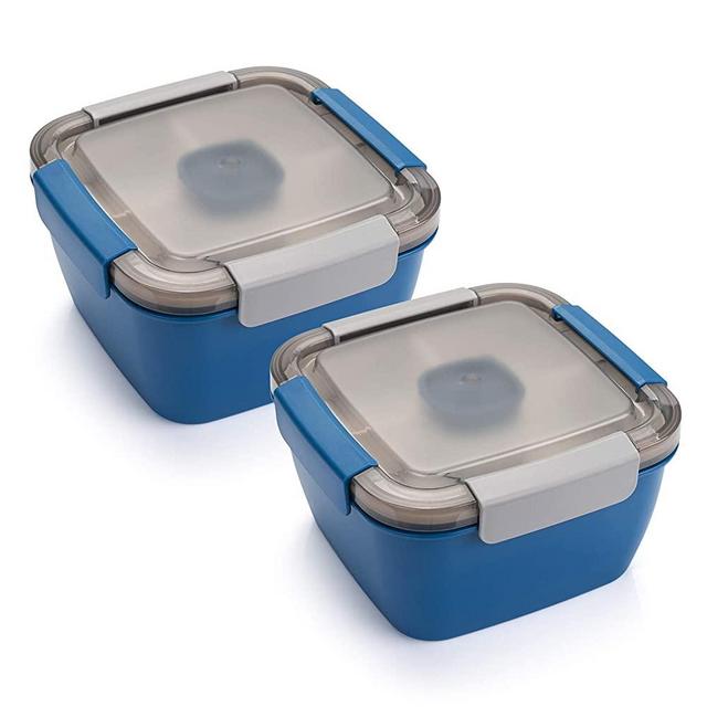 Freshmage Salad Lunch Containers To Go, 52 oz Salad Bowls with 3 Compartments, Salad Tupperware for Salad Toppings, Men, Women (Blue+Blue)