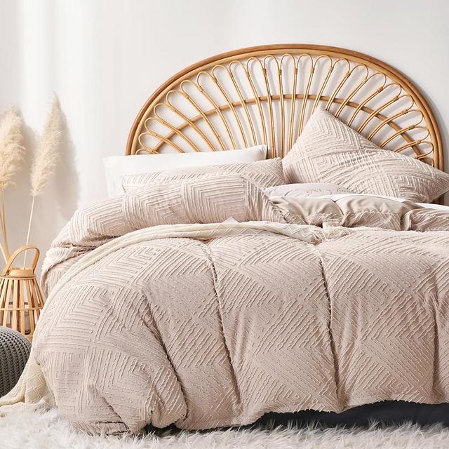 Senville Beige Boho Duvet Cover Queen Size,Geometric Textured Duvet Cover Tufted Bedding Set, 3 Piece Ultra Soft Washed Microfiber with Zipper Closure(Beige,Queen)