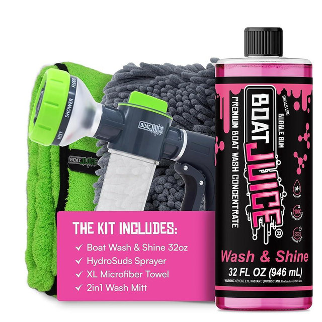 Boat Juice Boat Wash & Shine | pH Neutral Soap for Fiberglass, Hull, Deck, and Vinyl | Boat Wash Kit with HydroSuds Sprayer, 2in1 Wash Mitt, XL Microfiber Towel | Bubble Gum Scent | Made in USA