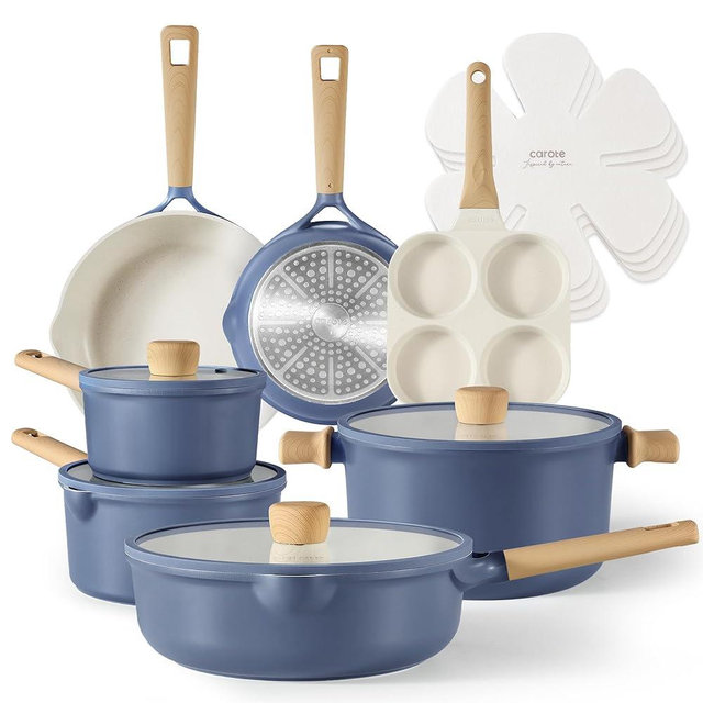 CAROTE 15Pcs Pots and Pans Set Non Stick, Kitchen Cookware Sets Nonstick, Blue, Cookware sets, Frying Pan and Pot Set, Kitchen Induction, Large Capacity