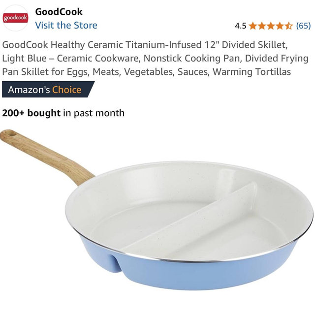 GoodCook Healthy Ceramic Titanium-Infused 12" Divided Skillet, Light Blue – Ceramic Cookware, Nonstick Cooking Pan, Divided Frying Pan Skillet for Eggs, Meats, Vegetables, Sauces, Warming Tortillas
