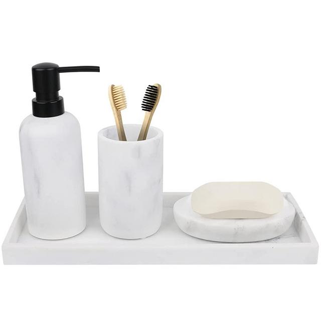 TAUVLL Bathroom Accessories Set,4- Bathroom Vanity Decor Set,Modern White Marble Resin Bathroom Countertop Accessory,Lotion Dispenser & Black Pump,Tumbler,Soap Dish Drain Holes,12" Tray for Household