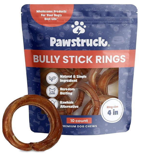 Pawstruck All-Natural 4" Bully Stick Rings for Dogs - Rawhide-Free, 100% Beef, Single Ingredient Dental Chew Bones - Fully Digestible, Low Odor - 10 Count - Packaging May Vary