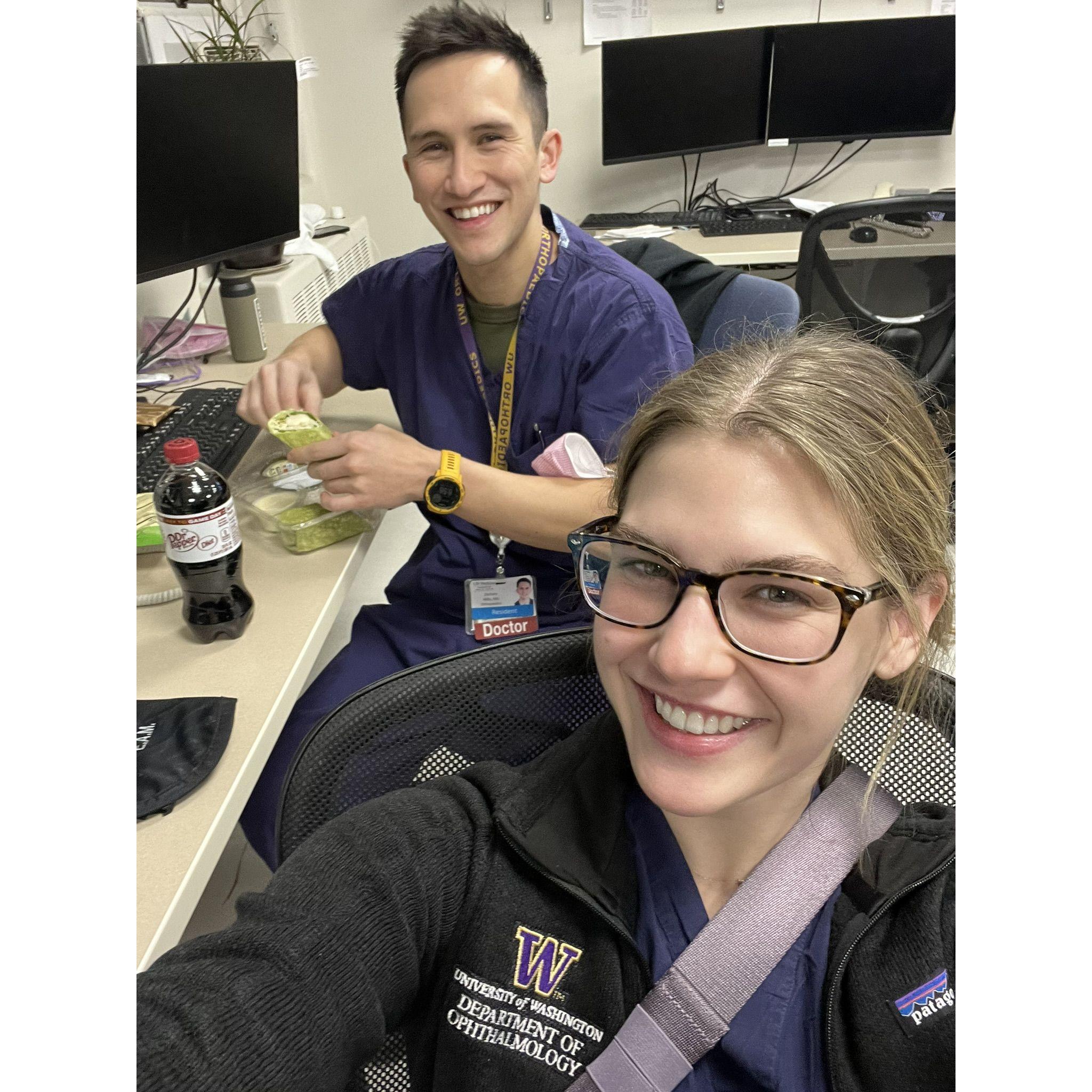 Visiting each other in the hospital when we were both on call