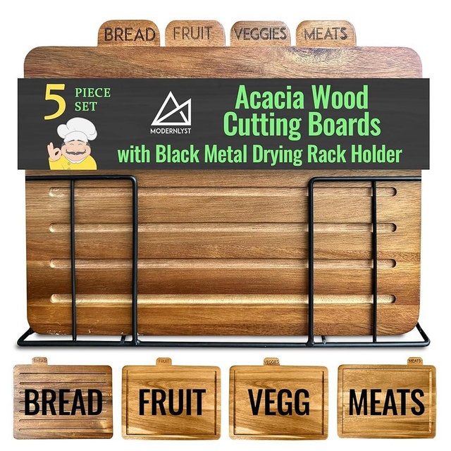 MODERNLYST Acacia Cutting Boards for Kitchen with Holder 13" x 11" x 2.5" | Labeled Wood Cutting Board Sets | Large Wooden Cutting Board Set of 4 with Gold Organized Stand | Non Toxic Chopping Board