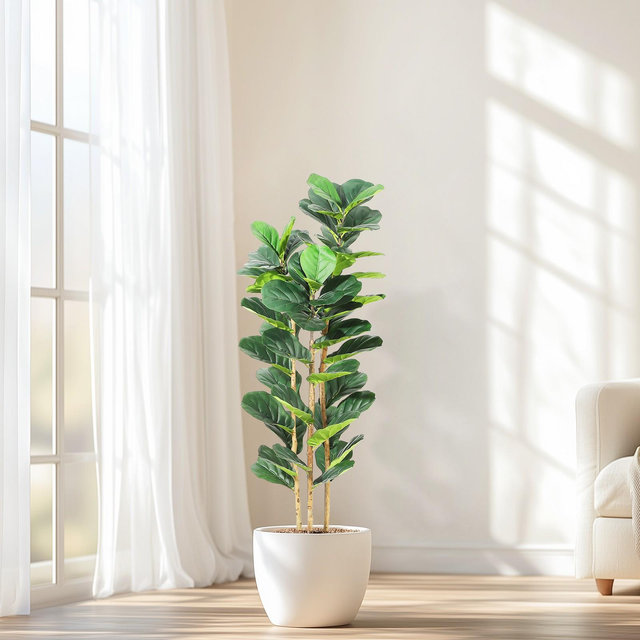 Artificial Fiddle Leaf Fig Tree with White Planter,5ft Tall Fake Tree with Natural Wood Trunk for Home Decor, Faux Ficus Tree Fake Moss