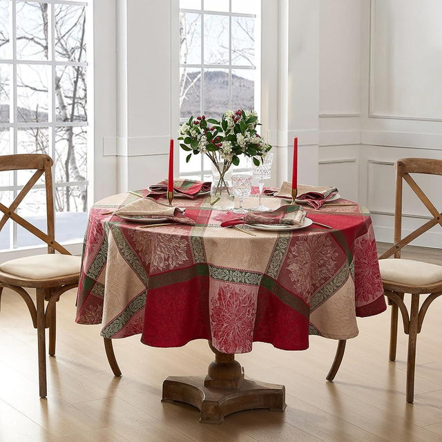 Elrene Home Fashions Prestige Poinsettia Jacquard Woven Cotton Christmas/Holiday Oval Tablecloth, 60"x84"