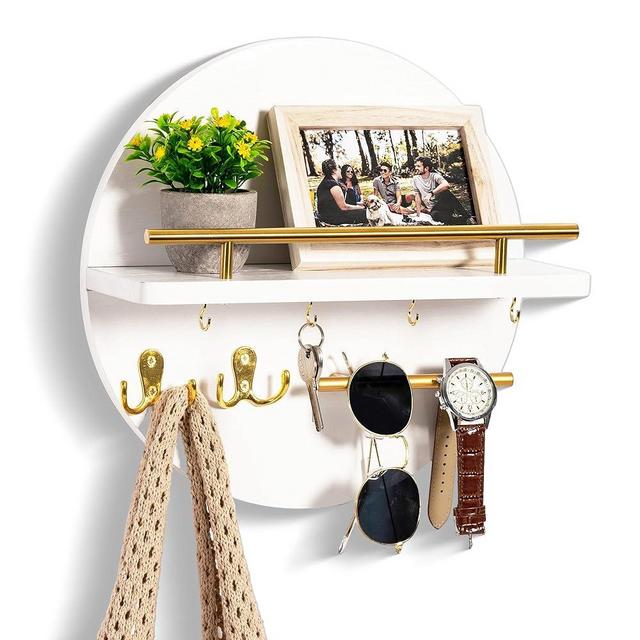 Key Holder for Wall Decorative with Shelf and Hooks, Unique Mail Organizer Wall Mount with Sunglasses Holder, Cute Circular Design Entryway Key Rack Hanger, Rustic Home Decor for Mudroom (white)