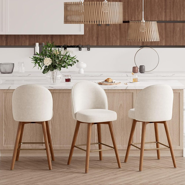 Daluvenix Modern Swivel Bar Stools Set of 3, Chic Upholstered Counter Height（26IN） Bar Chair with Back, Solid Wood Legs and Footrest, Comfortable Chenille Bar Stool for Kitchen Island, Cream White