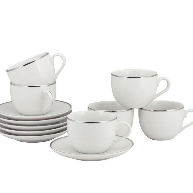 Metallic Rim Coupe Porcelain Espresso Cup & Saucer - Set of 6