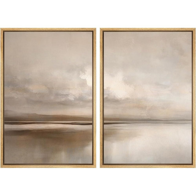 MUDECOR Framed Canvas Print Wall Art Soft Neutral Abstract Seascape Minimalist Illustrations Modern Art Decorative Bohemian Colorful for Living Room, Bedroom, Office - 16"x24"x2 NATURAL