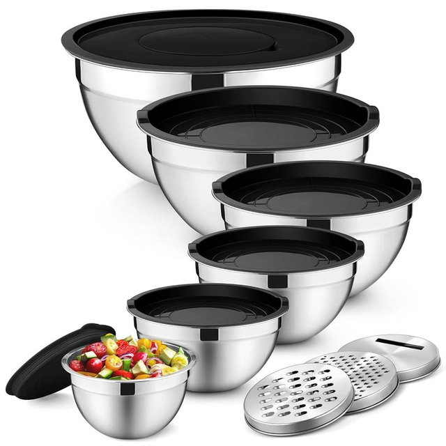 P&P CHEF Mixing Bowls with Black Lids Set of 6, Stainless Steel Nesting Salad Bowl & 3 Grater Attachments for Prepping Storing, 4.6/2.6/2/1.5/1/0.7 QT