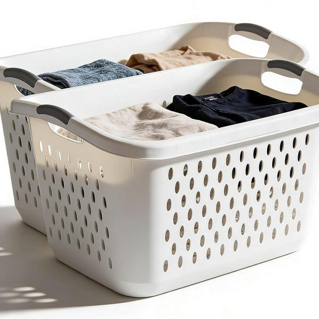 2 Pack 2.7 Bushel Extra Large Plastic Laundry Basket with Sturdy Carry Handles, Portable Laundry Hamper for Laundry Room, Dorm, Bedroom, Bathroom & Closet Organization, White