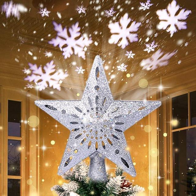 OurWarm Christmas Tree Topper Lighted Star Tree Toppers with LED Rotating Snowflake Projector Lights, 3D Hollow Silver Star Snow Tree Topper for Christmas Tree Decorations