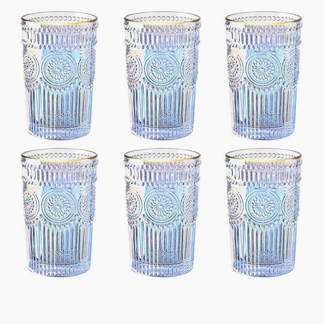 Iridescent Embossed Drinking Glasses Set of 6, Gold Rim Baroque Wine/Milk/Juice/Coffee/Water Glass ,11.7oz Transparent Thick Drinkware,Makeupbrush/Pen/Pencil/Tootnbrush Holder (6 piece of large)