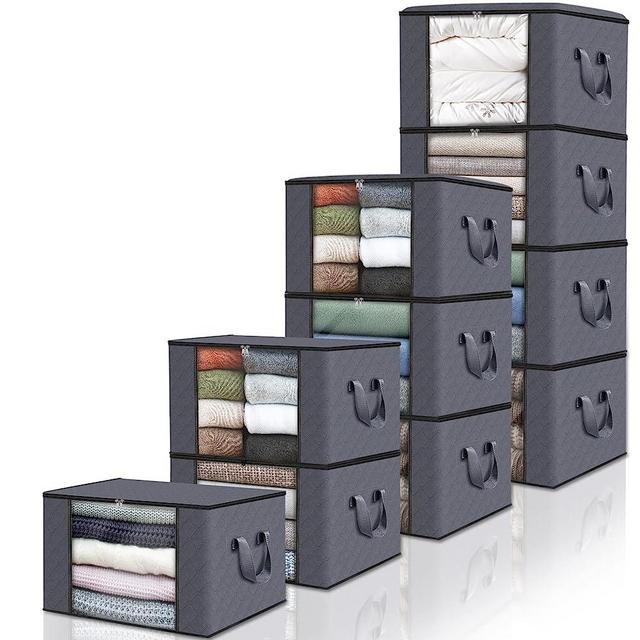 Fab totes 10 Pack Clothes Storage, Foldable Blanket Storage Bags, Storage Containers for Organizing Bedroom, Closet, Clothing, Comforter, Organization and Storage with Lids and Handle, Grey