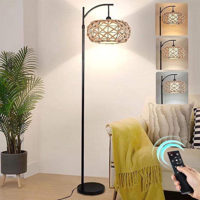 QIYIZM Boho Floor Lamp for Living Room Bedroom Rattan Standing Lamp with Remote Dimmable Arc Black Wicker Bamboo Lamp Shade Floor Light Adjustable Tall Lamp Farmhouse Industrial Floor Lamps Bohemian