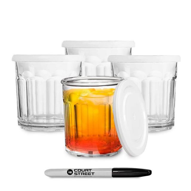 Court Street Working Glasses with Lids - Set of 4 Drinking Glasses with White Lid Cover and Black Permanent Marker for Labeling, 14 oz.