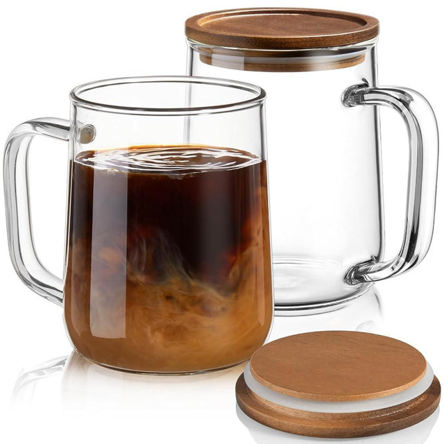 CMLKLZD Glass Coffee Mugs, 20 oz Glass Coffee Cups with Acacia Wood Lids, Clear Borosilicate Glass Mugs with Handles for Cappuccino, Tea, Latte, Hot/Cold Beverages, Wine, Americano, Set of 2