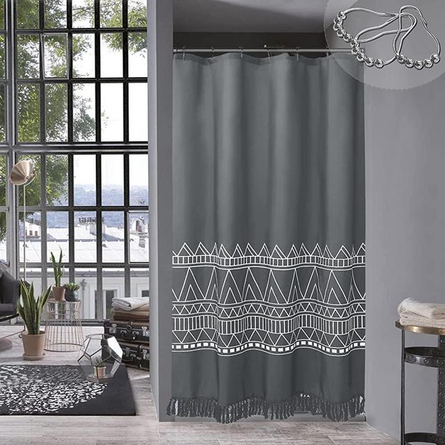 MitoVilla Small Stall Shower Curtain Liner 36 x 72, Grey Farmhouse Half Size Shower Curtain Set, Boho Narrow Shower Curtain for Bathroom Decor, Gray Tassel 36 inch Fabric Shower Curtain
