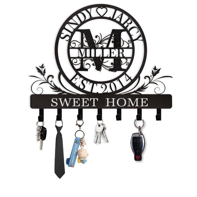 Dyoart Personalized Key Holder for Wall, Custom Family Name Metal Wall Key Hanger, Key Hooks with Monogram Design, Key Rack Holder Wall Mount for Living Room Bedroom, Anniversary Couple Gift