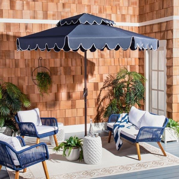 SAFAVIEH Outdoor Living Venice 9Ft Round Double Top Crank Umbrella - White/Black