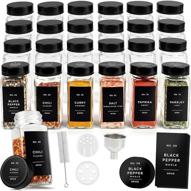 EDELHAUS Glass Spice Jars with Label and Stainless Steel Lids (24 x 4oz) Spice Containers with 240 Labels, Shaker Inserts, Steel Funnel, Empty Square Empty Square Seasoning Organizer (Black)
