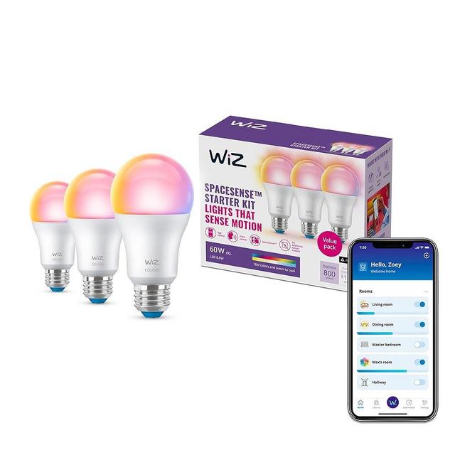 WiZ 60W A19 Color LED Smart Bulb - Pack of 3 - E26- Indoor - Connects to Your Existing Wi-Fi - Control with Voice or App + Activate with Motion - Matter Compatible