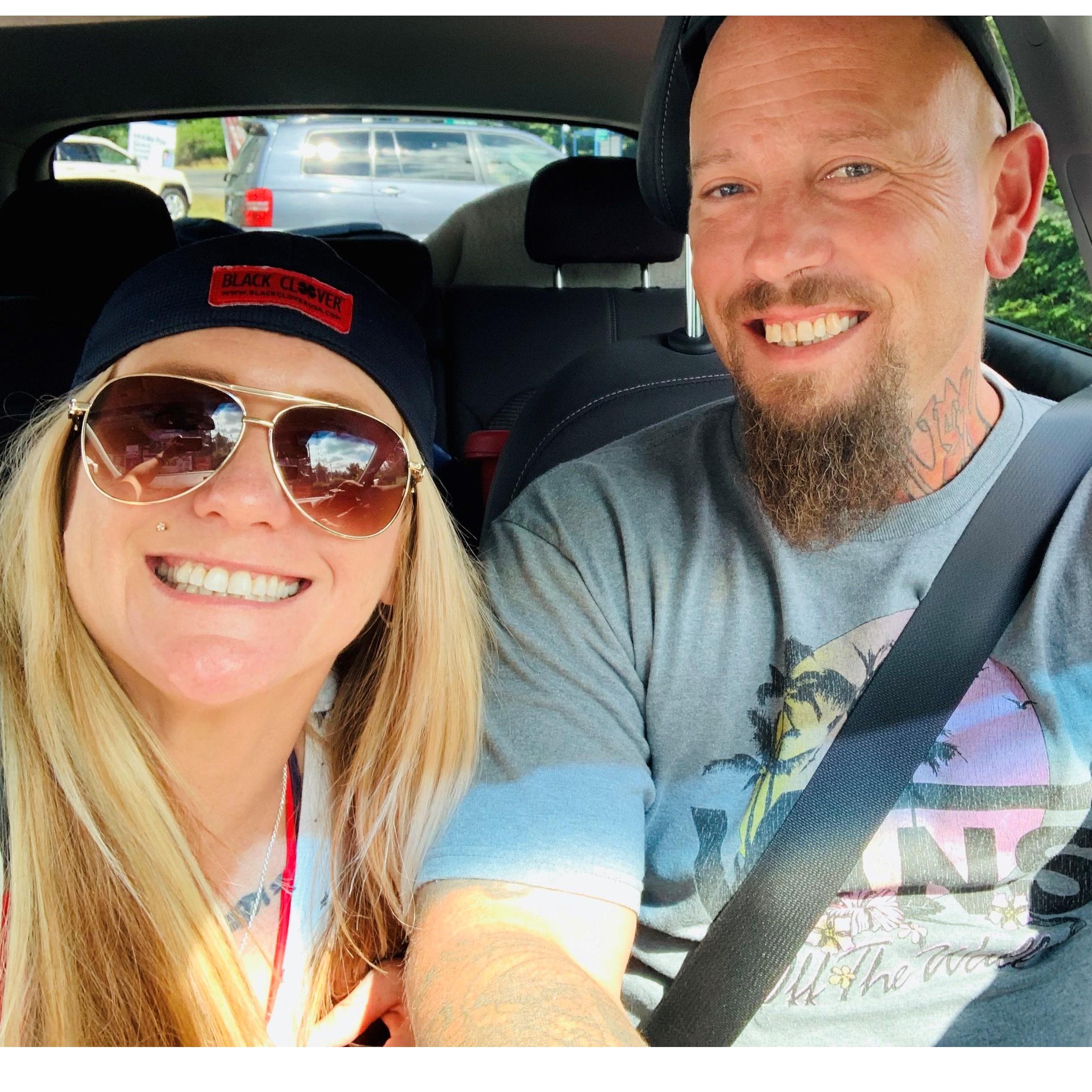 After texting non-stop for a month; We had Our 1st Date & 1st photo 7-13-2019 On our way to float the Clackamus River.