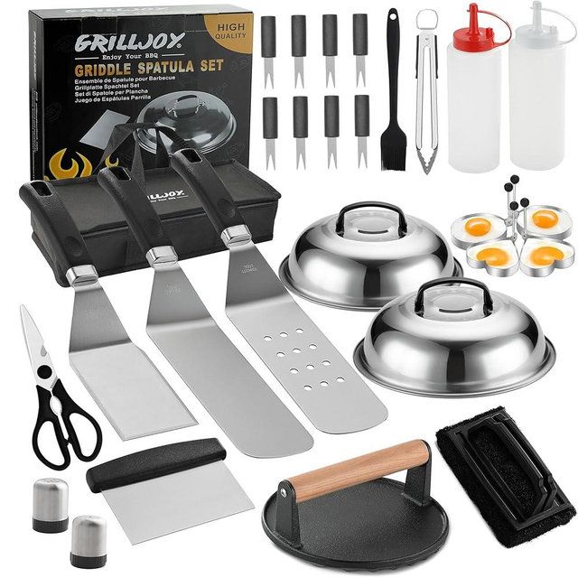 grilljoy Professional Griddle Accessories Kit Set with Smash Burger Press - Extra Thick Grill Spatula, Turner, Flipper - 28PCS Flat Top Grill Tools Kit for Outdoor Barbecue Teppanyaki Camping Cooking