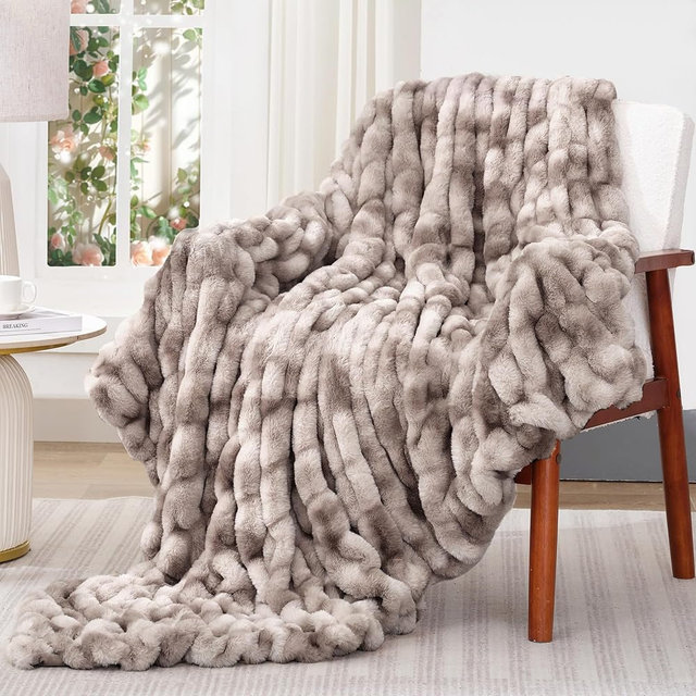 Touchat Ruched Faux Rabbit Fur Throw Blanket, 700 GSM Luxury Dual-Sided Soft Cozy Blanket, Fuzzy Fluffy Plush Blanket for Bed, Couch and Sofa - 50"x60", Tie-dye Coffee