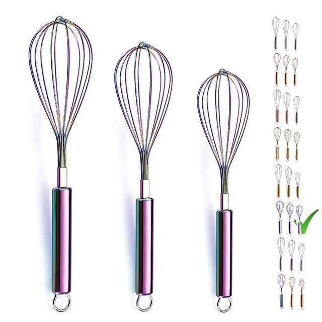 Berglander Rainbow Whisk Pack of 3 Stainless Steel 8",10",12", Titianium Plating Rainbow Whisk Colorful Whisk For Cooking, Beater,Wire Whisk Set Kitchen Wisk (Rainbow)